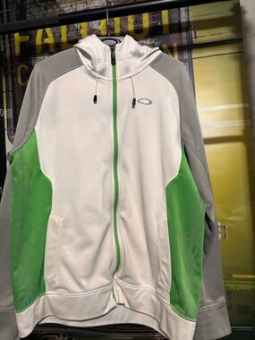 Oakley White Hoodie with Green Zipper